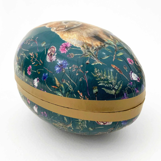6" Bunny with Flowers on Teal Papier Mache Easter Egg Container ~ Germany